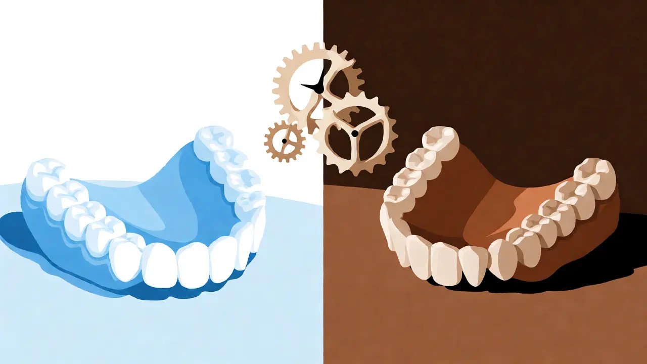Conceptual art comparing new and old dentures with time gears.