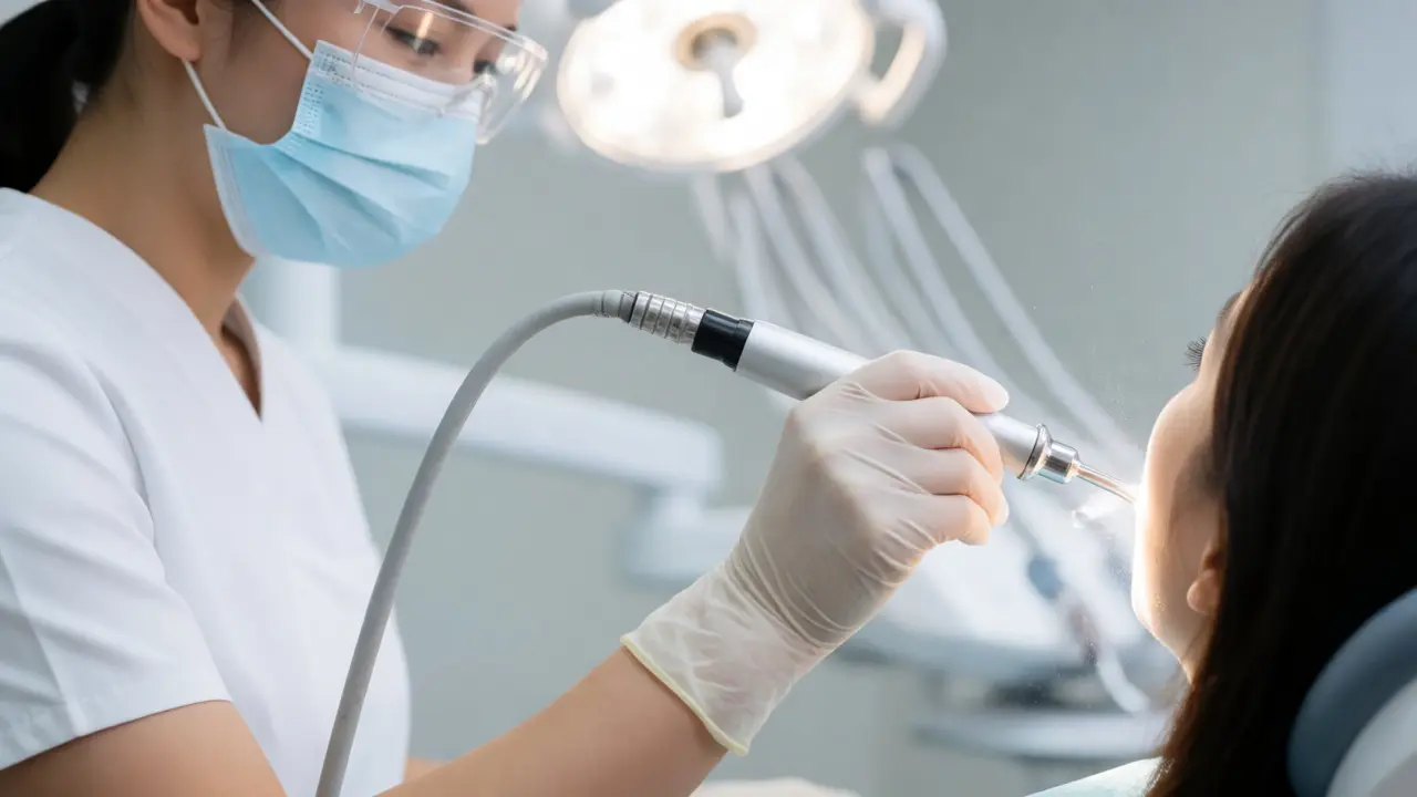 Dentální hygiena s ultrazvukovým čističem v ordinaci