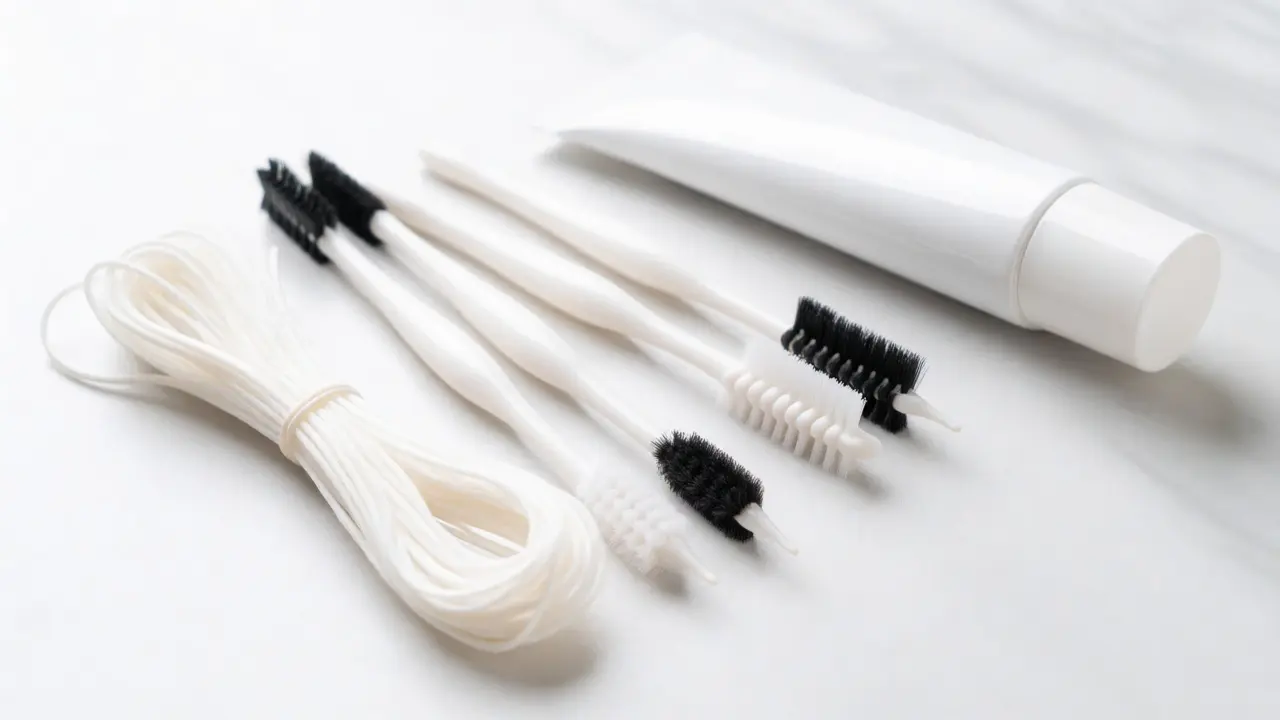 Dentální nit a mezizubní kartáčky připravené k čištění zubů