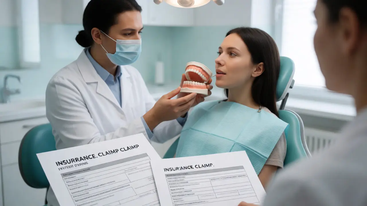 Dentist consulting a patient about denture options in a clinic.
