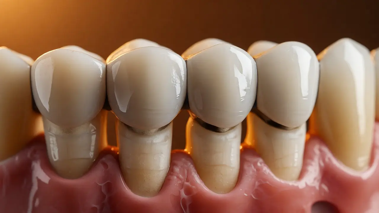 Detailní pohled na porcelánový zubní můstek na modelu zubů.