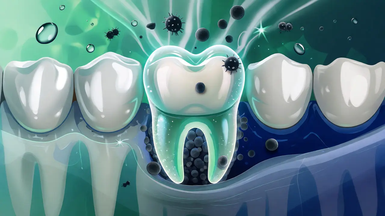 Ilustrace ochrany zubní náhrady před bakteriemi pomocí hygieny