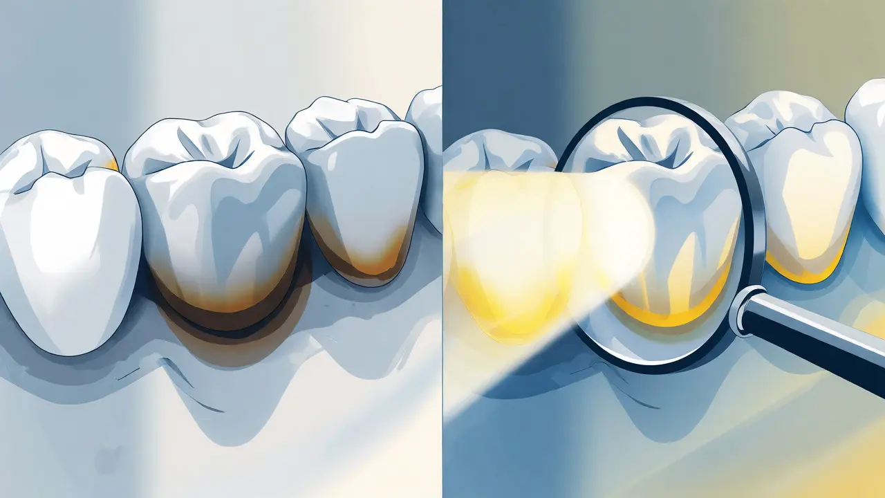 Ilustrace odhalení plaku a kazů pomocí dentálního zrcátka.