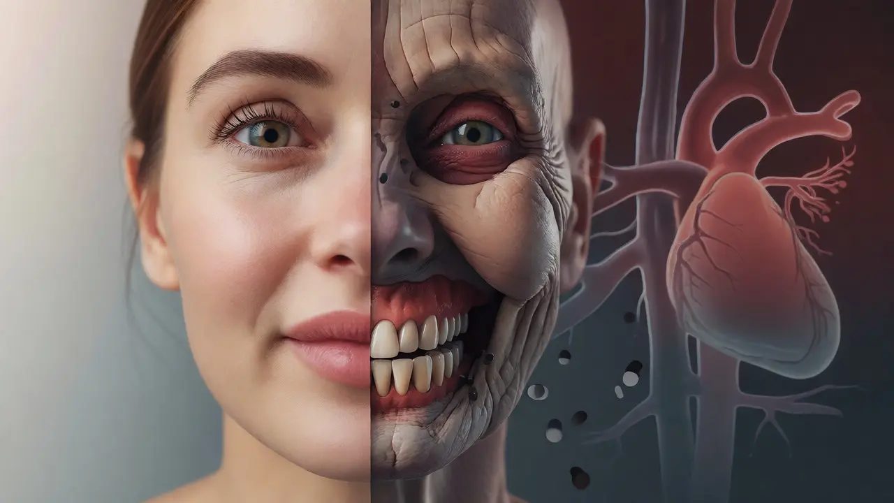 Konceptuální ilustrace propojení ústní hygieny a stárnutí obličeje