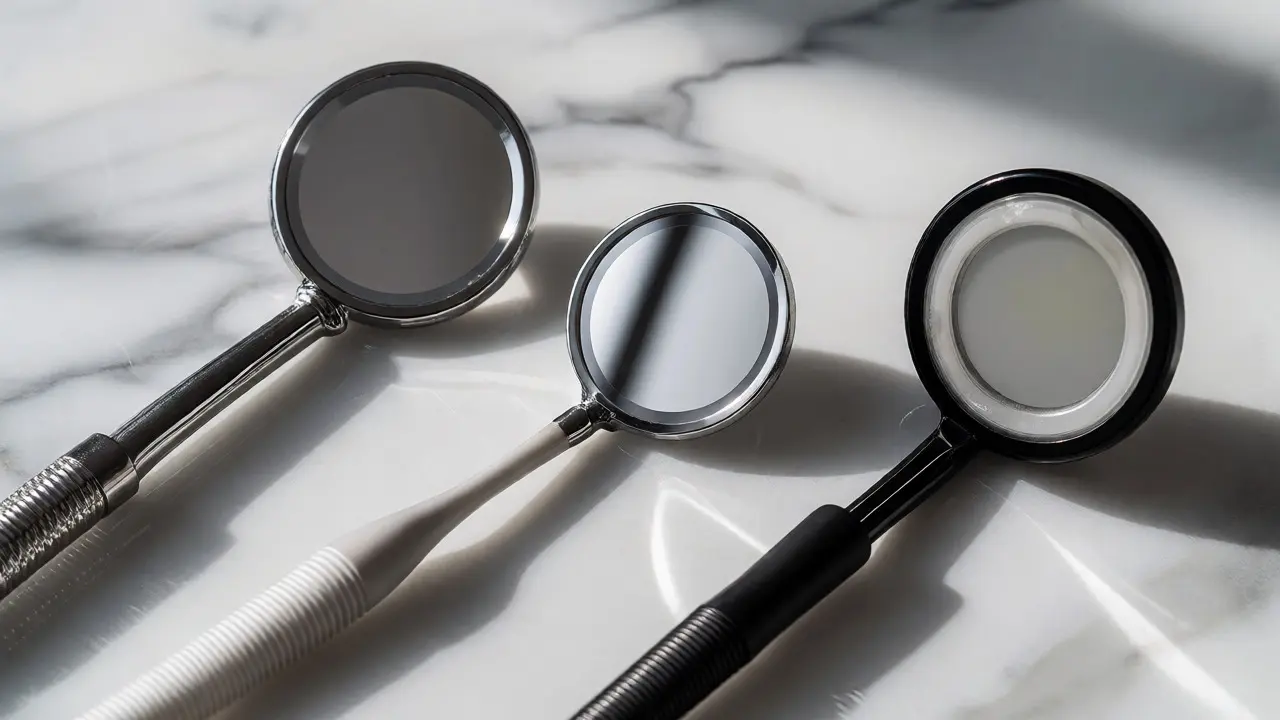 Porovnání tří typů dentálních zrcátek na bílém pozadí.