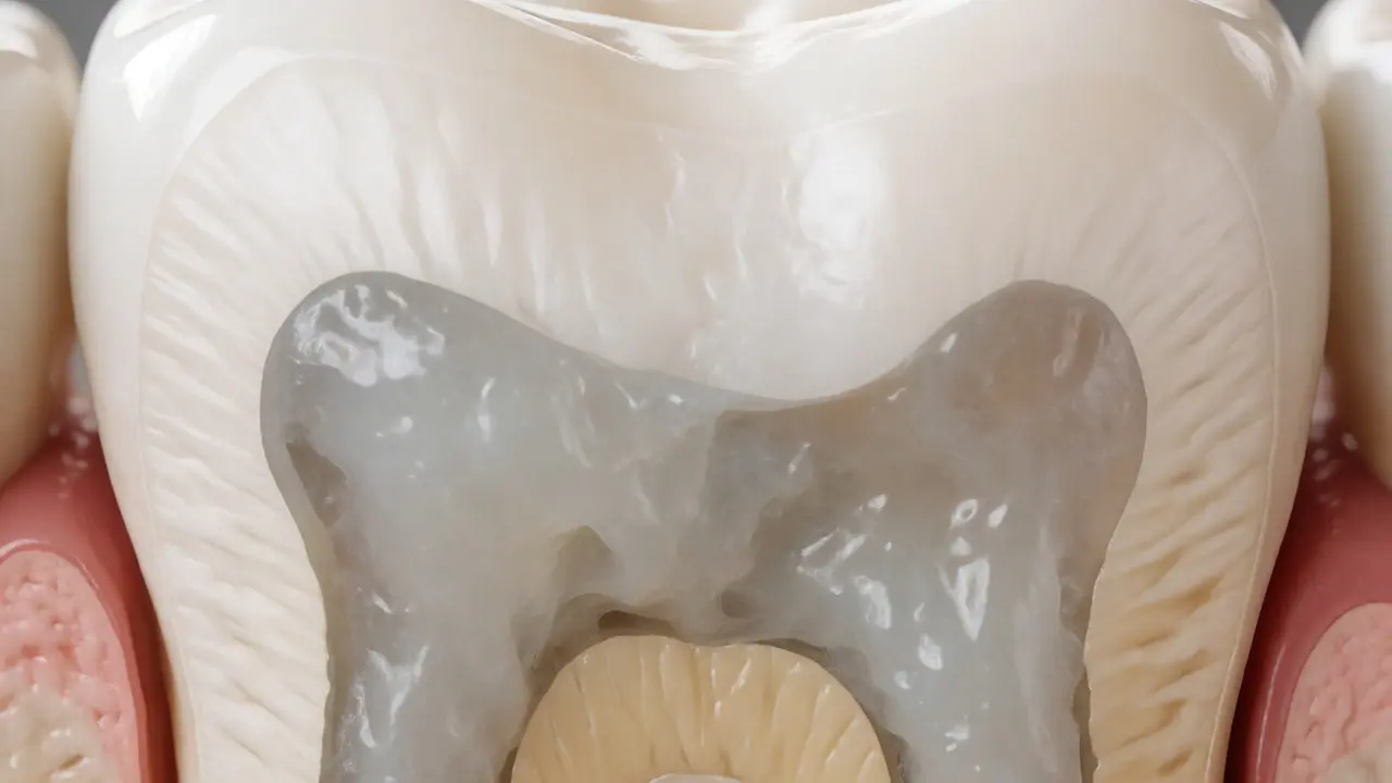 Řez zubem se skloionomerní plombou znázorňující uvolňování fluoridů.