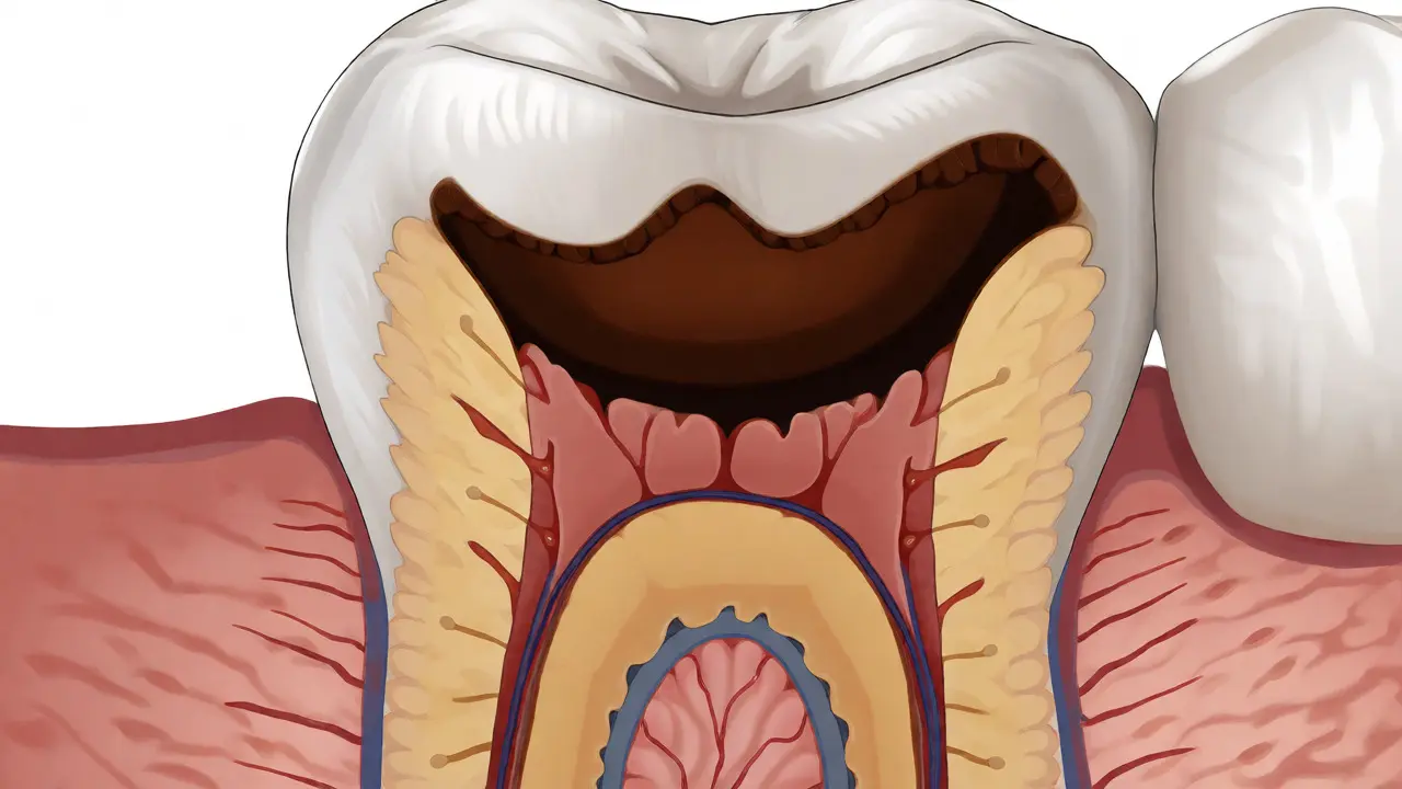 Řez zubem ukazující kaz pronikající ze skloviny do měkčího dentinu.