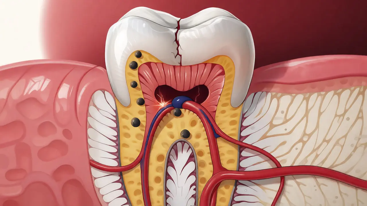 Řez zubem znázorňující vrstvy skloviny, dentinu a dřeně