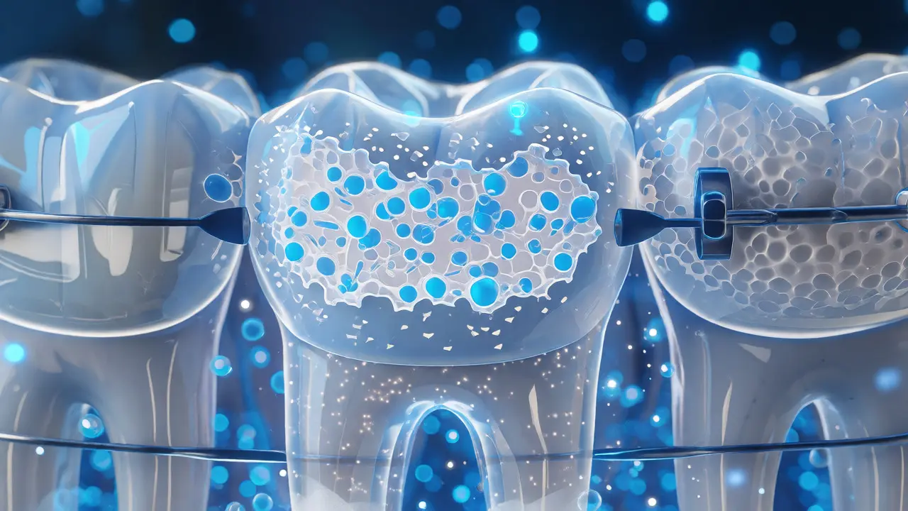 Ilustrace remineralizace skloviny fluoridem u zubu s aparaturou