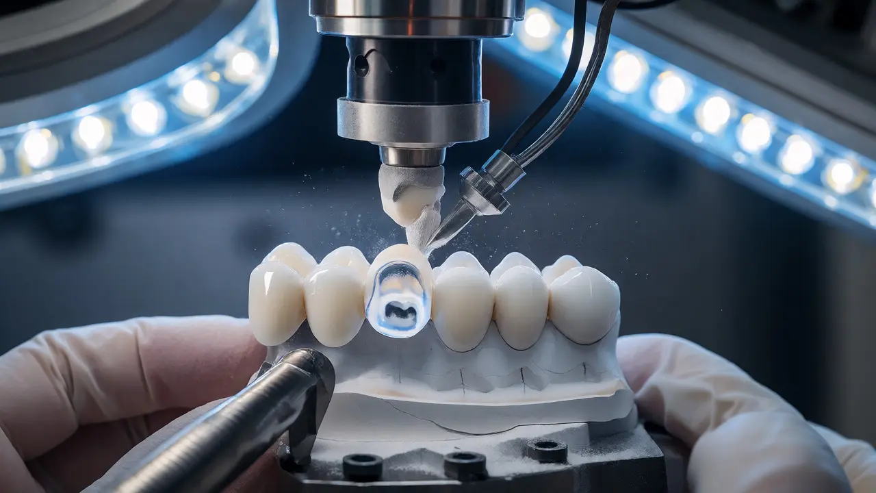 Makro snímek frézování zirkonové korunky v zubní laboratoři