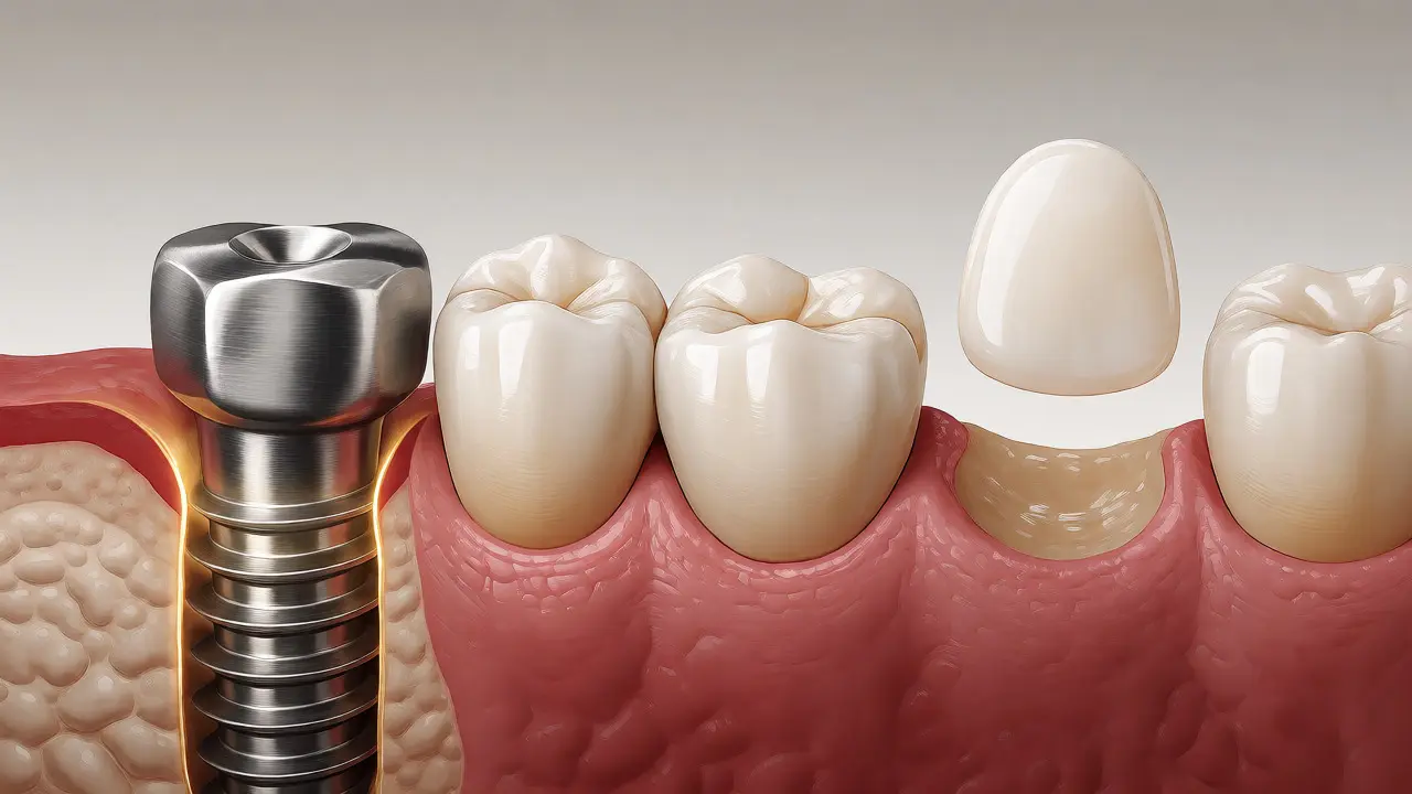 Porovnání zubního implantátu, můstku a keramické facety v ilustrativním zobrazení.