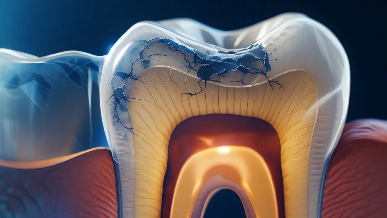 Průřez zubem ukazující ztenčenou sklovinu a žlutý dentin