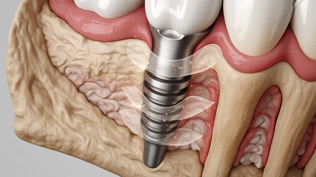 Řez čelistí ukazující integraci zubního implantátu do kostní tkáně