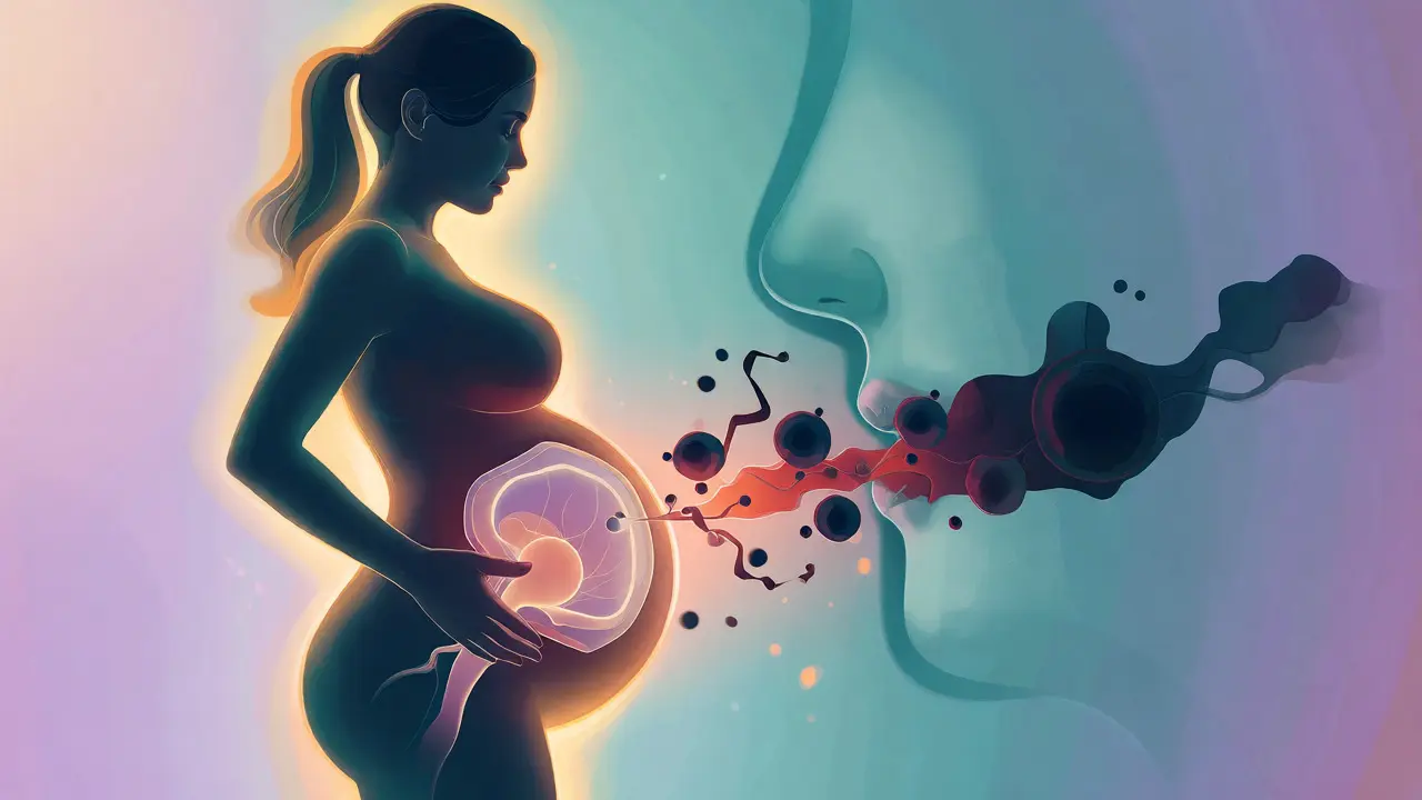 Symbolická ilustrace ochrany plodu před toxiny z ústní dutiny během těhotenství