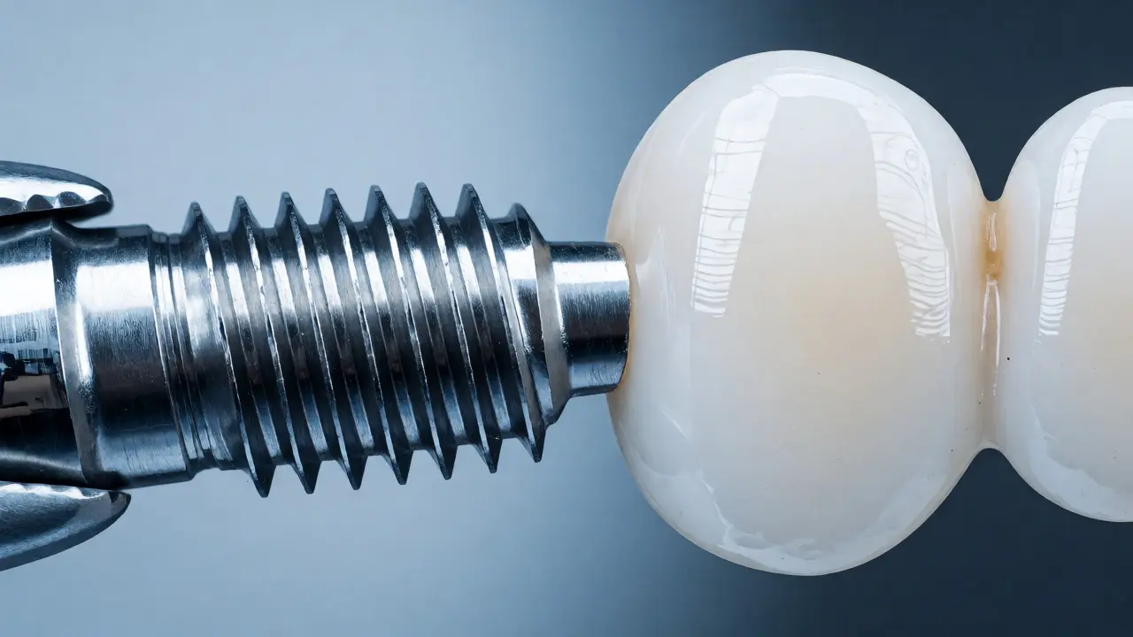 Titanový zubní implantát vedle keramické korunky v klinickém prostředí