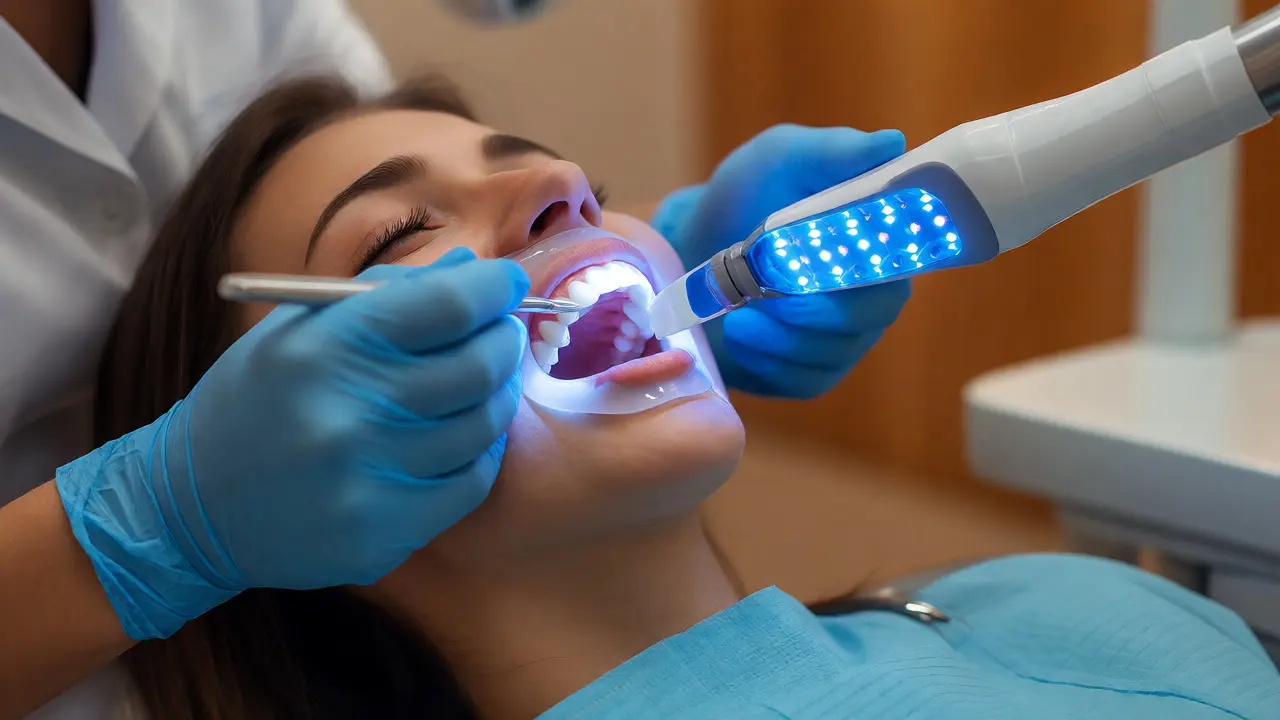 Zubař aplikuje bělicí gel s LED světlem v ordinaci