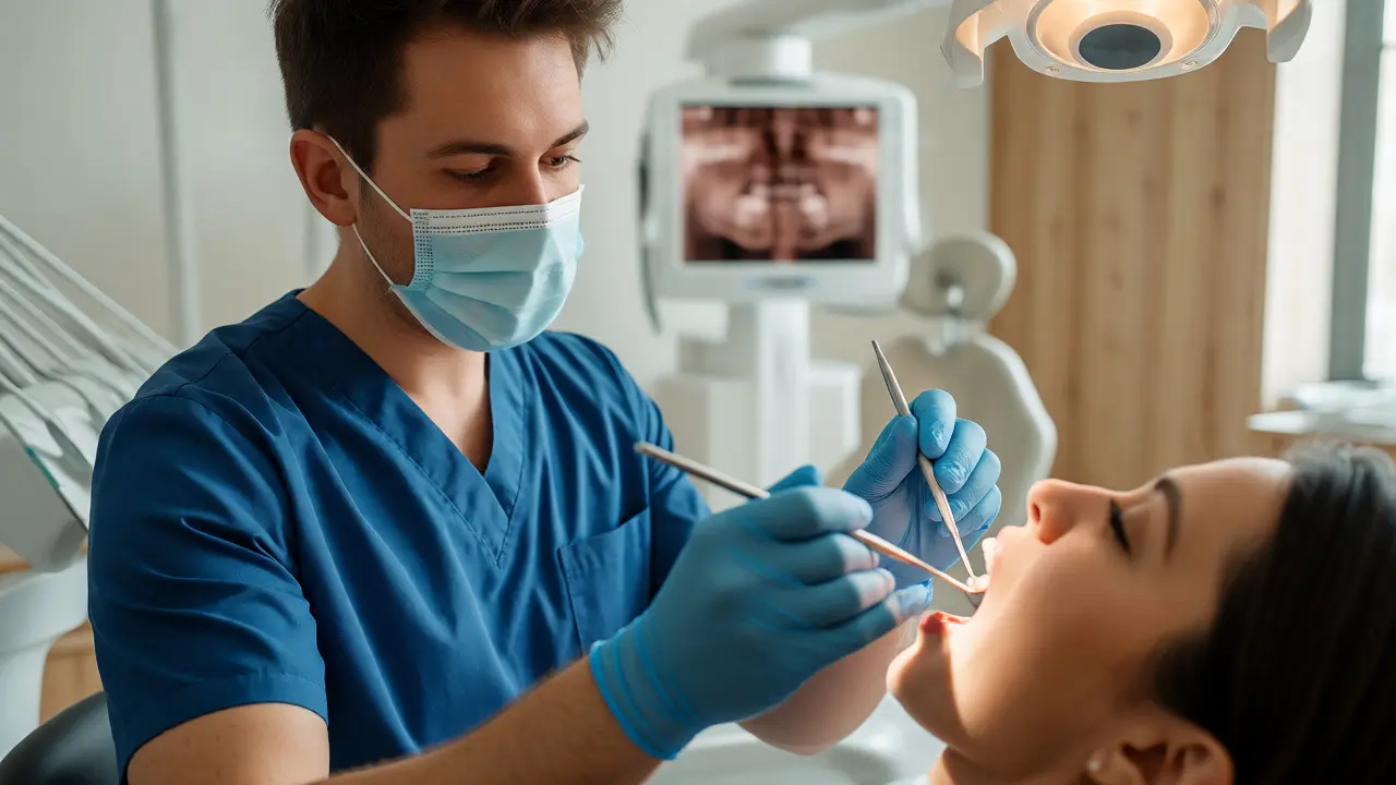 Zubní lékař v roušce vyšetřuje ústa pacienta v moderní ordinaci s dentálním zrcátkem.